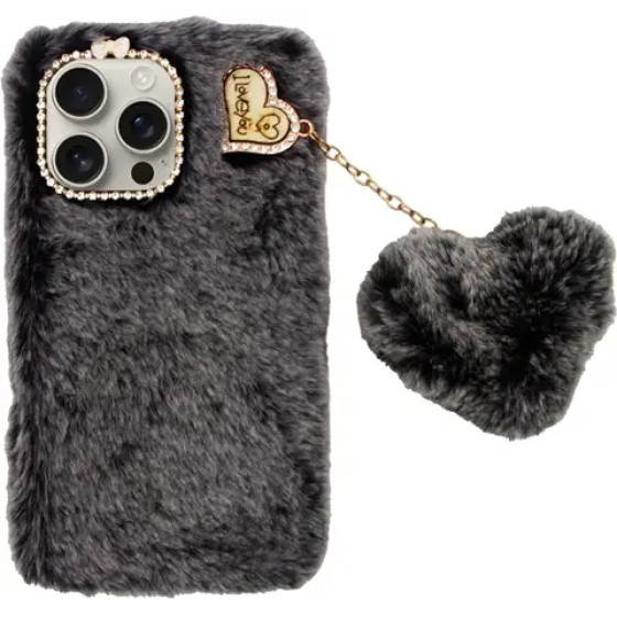 Vivid Fluffy Plush Case With Heart-Shaped Chain Apple Iphone 16 Pro Max Grey/Black - (CS-FR-1-2409003)