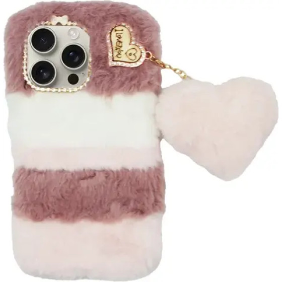 Vivid Fluffy Plush Case With Heart-Shaped Chain Apple Iphone 16 Pro Max Pink - (CS-FR-2-2409003)