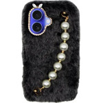 Vivid Fluffy Plush Case With Pearl Chain Apple Iphone 16 Grey/Black - (CS-Fr HLD-6-2409001)
