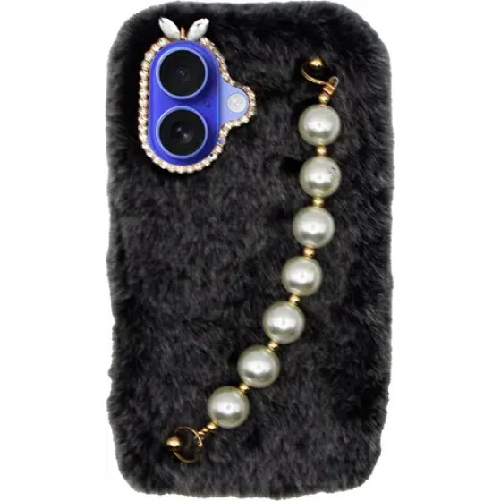 Vivid Fluffy Plush Case With Pearl Chain Apple Iphone 16 Grey/Black - (CS-Fr HLD-6-2409001)
