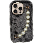 Vivid Fluffy Plush Case With Pearl Chain Apple Iphone 16 Pro Grey/Black - (CS-Fr HLD-6-2409002)
