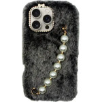 Vivid Fluffy Plush Case With Pearl Chain Apple Iphone 16 Pro Max Grey/Black - (CS-Fr HLD-6-2409003)