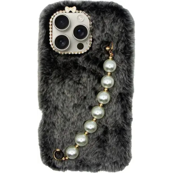 Vivid Fluffy Plush Case With Pearl Chain Apple Iphone 16 Pro Max Grey/Black - (CS-Fr HLD-6-2409003)