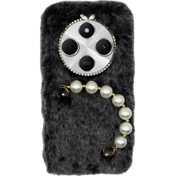Vivid Fluffy Plush Case With Pearl Chain Redmi 14C 4G Grey/Black - (CS-Fr HLD-6-2409004)