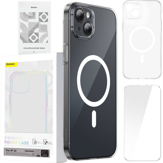 Baseus ��������� ���� Magnetic Crystal Clear ��� Iphone 13 + ������������� ������ Tempered Glass (��������) - (ARSJ010602)