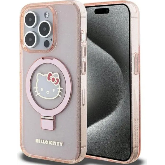 Hello Kitty Ring Stand Glitter Electrop Logo MagSafe Case for iPhone 15 Pro - Pink - (Hel000090-0)