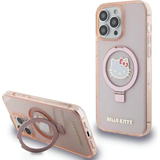 Hello Kitty Ring Stand Glitter Electrop Logo MagSafe Case for iPhone 15 Pro Max - Pink - (Hel000117-0)