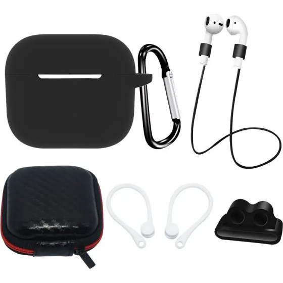 Hurtel AirPods 3 Silicone Case Set + Case/Ear Hook/Neck Strap/Watch Strap Holder/Carabiner Clasp - black - (Airpods 3 Set Black)