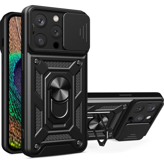 Hurtel Armor Camshield Case with Stand and Camera Cover for iPhone 15 Pro Max Hybrid Armor Camshield - Black - (Hybrid Armor Camshield iPhone 15 Pro Max BLACK)