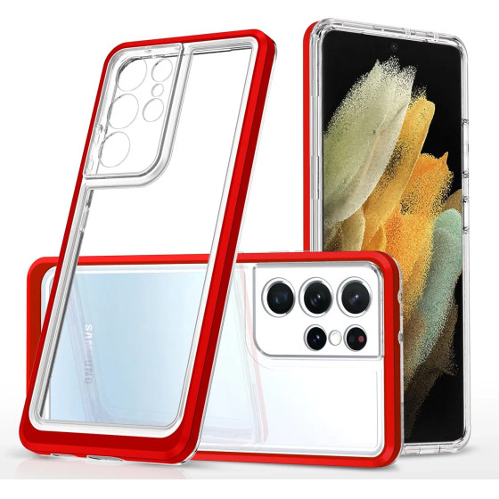 Hurtel Clear 3in1 Case for Samsung Galaxy S21 Ultra 5G Frame Gel Cover Red - (Clear 3in1 Samsung S21 ULTRA RED)