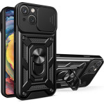 Hurtel Hybrid Armor Camshield Case with Stand and Camera Cover for iPhone 15 Plus - Black - (Hybrid Armor Camshield iPhone 15 Plus BLACK)
