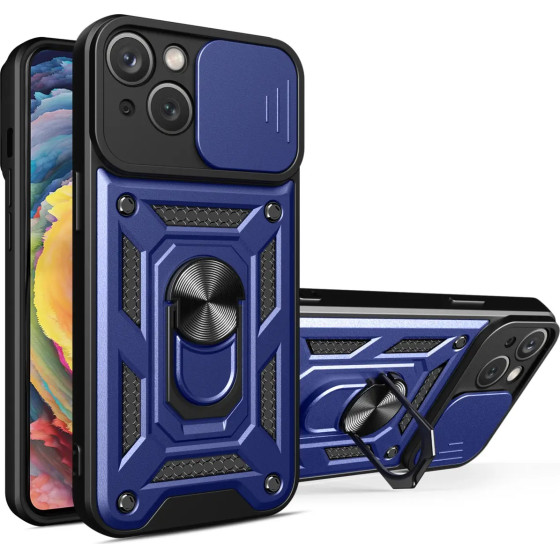 Hurtel Hybrid Armor Camshield iPhone 15 Case with Stand and Camera Cover - Blue - (Hybrid Armor Camshield iPhone 15 BLUE)
