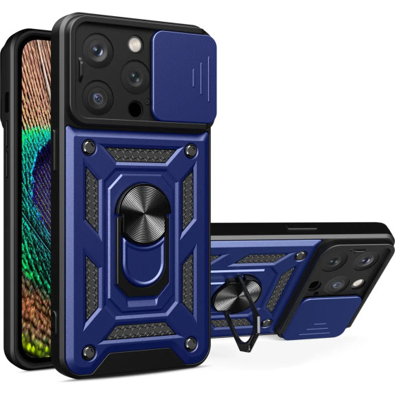 Hurtel Hybrid Armor Camshield iPhone 15 Pro Case with Kickstand and Camera Cover - Blue - (Hybrid Armor Camshield iPhone 15 Pro BLUE)