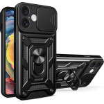 Hurtel Hybrid Armor Camshield iPhone 16 Armored Case with Camera Cover and Stand - Black - (Hybrid Armor Camshield iPhone 16 black)
