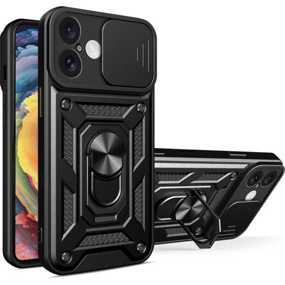 Hurtel Hybrid Armor Camshield iPhone 16 Armored Case with Camera Cover and Stand - Black - (Hybrid Armor Camshield iPhone 16 black)