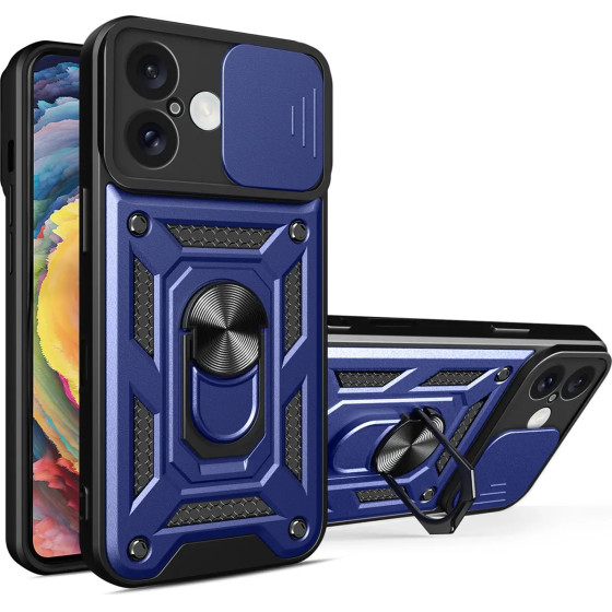 Hurtel Hybrid Armor Camshield iPhone 16 Case with Camera Cover and Stand - Blue - (Hybrid Armor Camshield iPhone 16 blue)