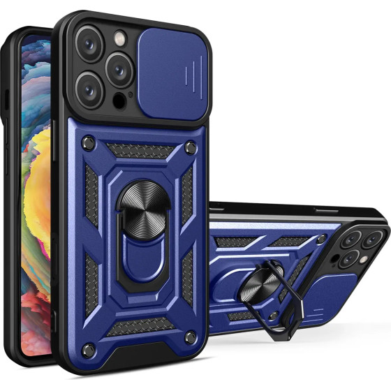 Hurtel Hybrid Armor Camshield iPhone 16 Pro Armored Case with Camera Cover and Stand - Blue - (Hybrid Armor Camshield iPhone 16 Pro blue)