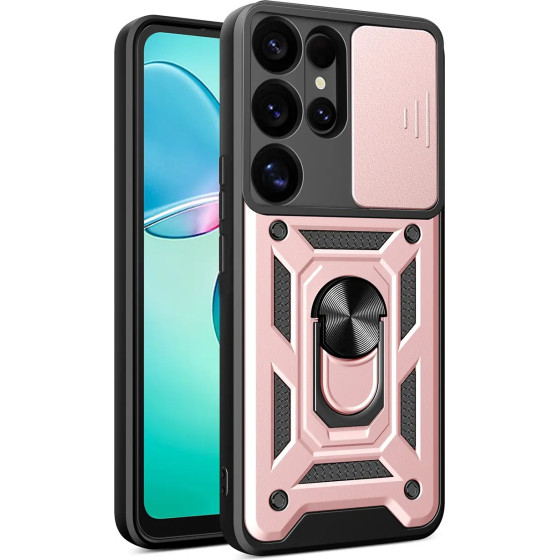 Hurtel Hybrid Armor Camshield with Camera Cover and Metal Ring for Samsung Galaxy S25 Ultra - Pink - (Hybrid Armor Camshield Samsung Galaxy S25 Ultra Pink)