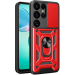 Hurtel Hybrid Armor Camshield with Camera Cover and Metal Ring for Samsung Galaxy S25 Ultra - Red - (Hybrid Armor Camshield Samsung Galaxy S25 Ultra Red)