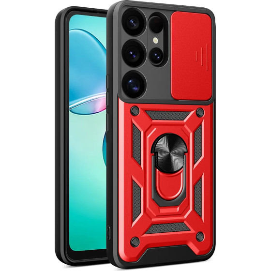 Hurtel Hybrid Armor Camshield with Camera Cover and Metal Ring for Samsung Galaxy S25 Ultra - Red - (Hybrid Armor Camshield Samsung Galaxy S25 Ultra Red)