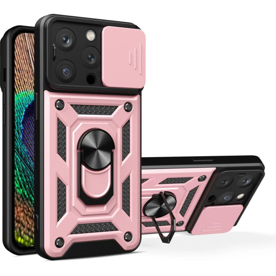 Hurtel iPhone 15 Pro Max Hybrid Armor Camshield Case with Kickstand and Camera Cover - Pink - (Hybrid Armor Camshield iPhone 15 Pro Max PINK)