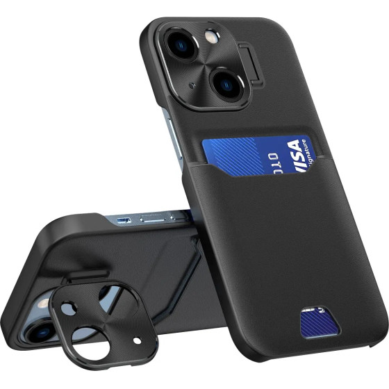 Hurtel Leather Stand Case case for iPhone 14 cover card wallet with stand black - (Leather Stand Case iPhone 14 Black)
