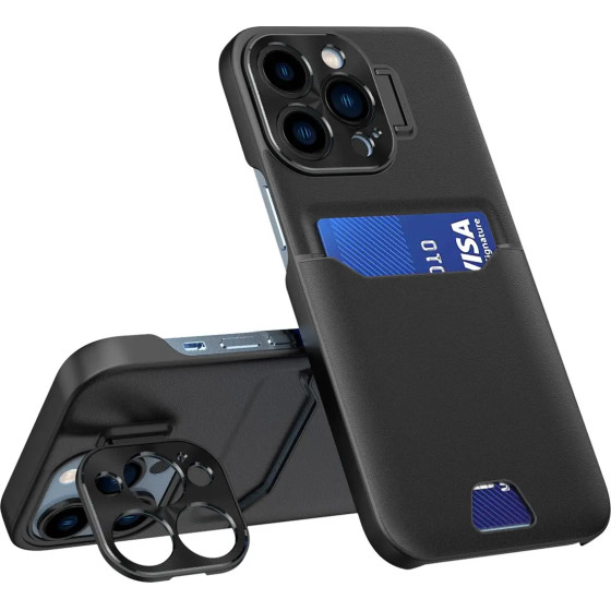 Hurtel Leather Stand Case case for iPhone 14 Pro cover card wallet with stand black - (Leather Stand Case iPhone 14 Pro Black)