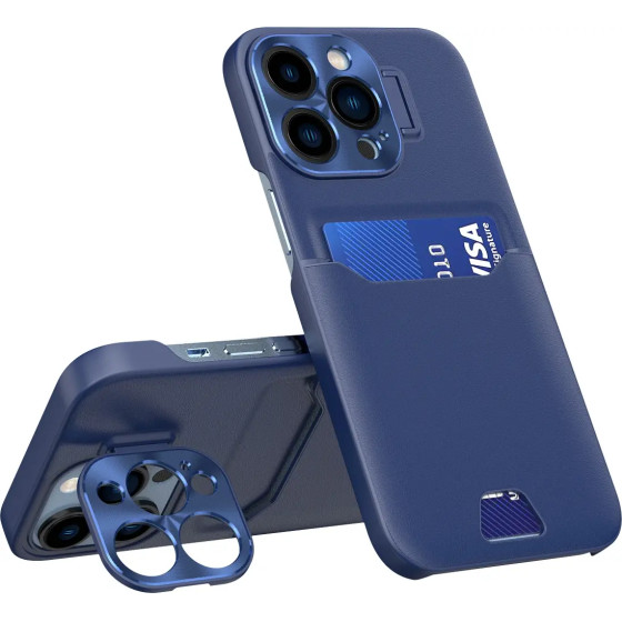 Hurtel Leather Stand Case case for iPhone 14 Pro cover card wallet with stand blue - (Leather Stand Case iPhone 14 Pro Blue)