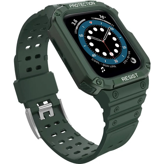 Hurtel Protect Strap Band with Case for Apple Watch 7 / SE (45/44 / 42mm) Case Armored Watch Cover Green - (Protect Strap Apple iWatch 2/3/4/5/6/SE/7 42/44 Green/Green)