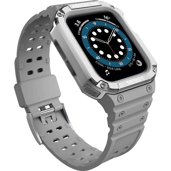Hurtel Protect Strap Band with Case for Apple Watch 9 / 8 / 7 / 6 / 5 / 4 / 3 / 2 / SE / SE2 (41 / 40 / 38mm) Case Armored Cover for Watch Gray / Silver