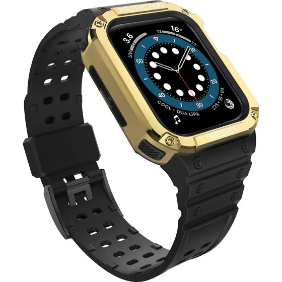 Hurtel Protect Strap Band Wristband with Case for Apple Watch 9 / 8 / 7 / 6 / 5 / 4 / 3 / 2 / SE / SE2 (41 / 40 / 38mm) Case Armored Cover for Watch Black / Gold