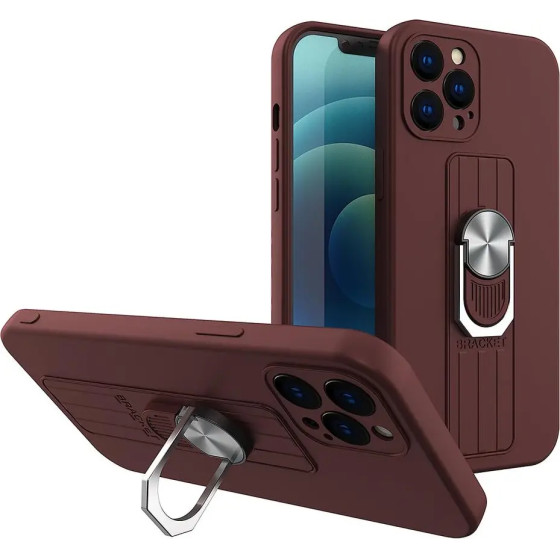 Hurtel Ring Case silicone case with finger grip and stand for iPhone 12 mini brown - (Ring Case iPhone 12 Mini Coffe 05)