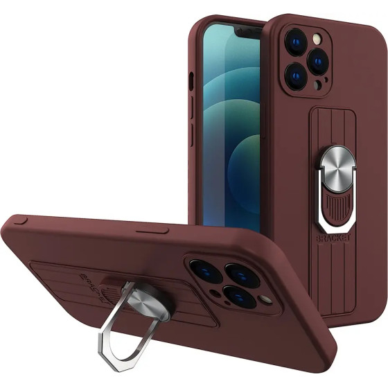 Hurtel Ring Case silicone case with finger grip and stand for iPhone 12 Pro Max brown - (Ring Case iPhone 12 Pro Max Coffe 05)