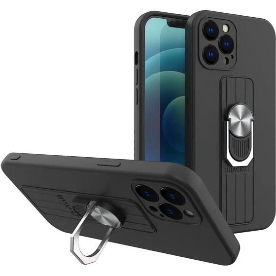 Hurtel Ring Case silicone case with finger grip and stand for iPhone 13 mini black - (Ring Case iPhone 13 Mini Black 01)