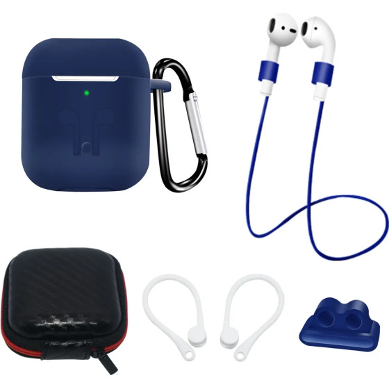 Hurtel Set of AirPods 2 / AirPods 1 silicone case + case / ear hook / neck strap / watch strap holder / carabiner - blue - (Airpods 1 / 2 Set Blue)