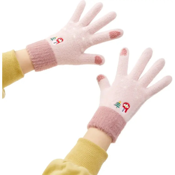 Hurtel Women's winter telephone gloves with a snowman and a Christmas tree - pink - (Touchscreen gloves knitted snowman pink)