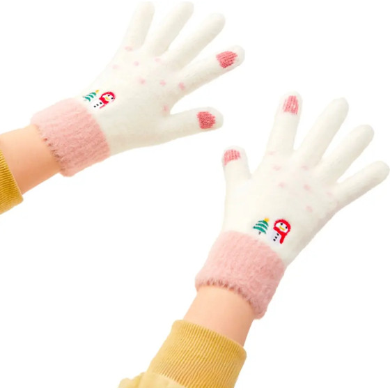 Hurtel Women's winter telephone gloves with a snowman and a Christmas tree - white and pink - (Touchscreen gloves knitted snowman white)