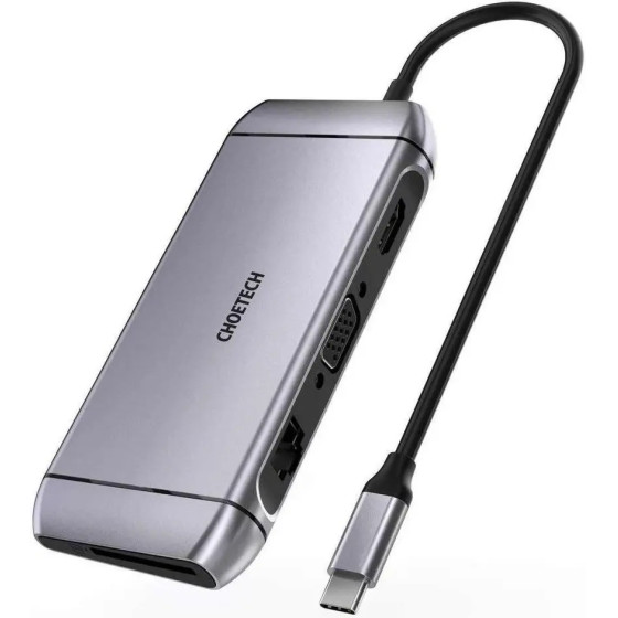 Choetech 9in1 multifunctional USB Type C HUB - 3x USB 3.2 Gen 1 / SD and TF memory card reader / HDMI 4K 30Hz / VGA Full HD 60Hz / USB Type C / RJ45 gray gray) - (HUB-M15)