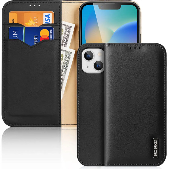Dux Ducis Hivo Leather Flip Cover Genuine Leather Wallet for Cards and Documents iPhone 14 Plus Black - (Dux Ducis Hivo Apple iPhone 14 Plus Black)