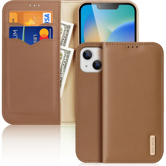 Dux Ducis Hivo Leather Flip Cover Genuine Leather Wallet for Cards and Documents iPhone 14 Brown - (Dux Ducis Hivo Apple iPhone 14 Brown)
