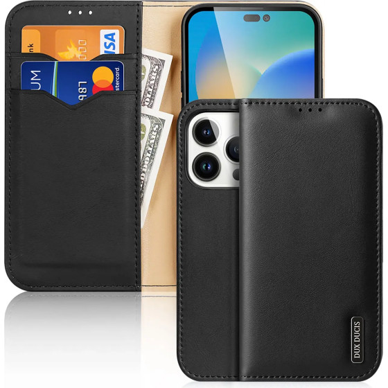 Dux Ducis Hivo Leather Flip Cover Genuine Leather Wallet for Cards and Documents iPhone 14 Pro Black - (Dux Ducis Hivo Apple iPhone 14 Pro Black)