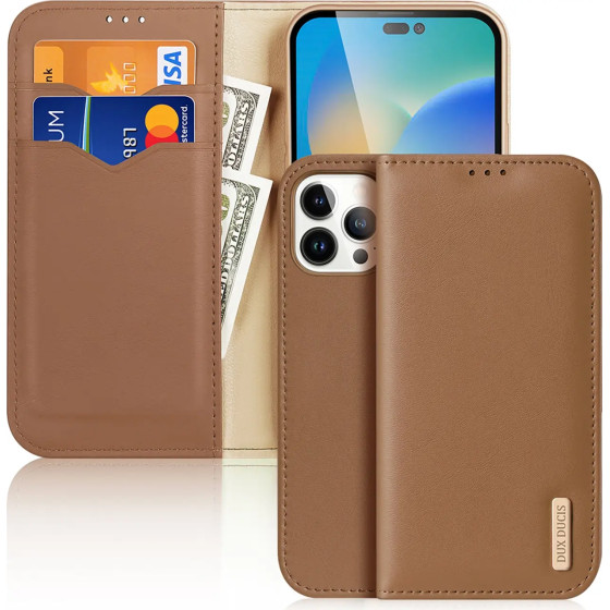 Dux Ducis Hivo Leather Flip Cover Genuine Leather Wallet for Cards and Documents iPhone 14 Pro Max Brown - (Dux Ducis Hivo Apple iPhone 14 Pro Max Brown)