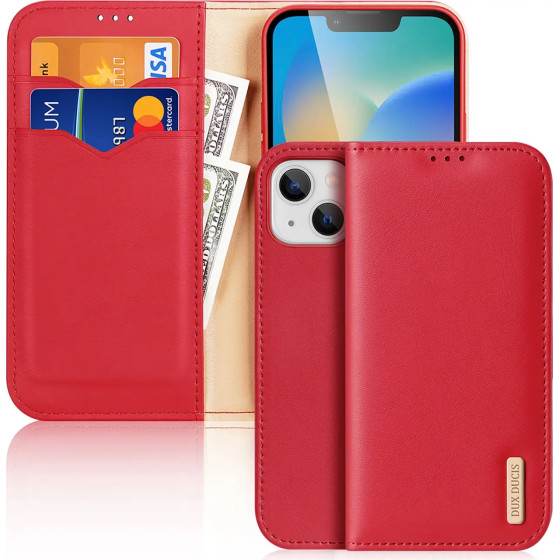 Dux Ducis Hivo Leather Flip Cover Genuine Leather Wallet for Cards and Documents iPhone 14 Plus Red - (Dux Ducis Hivo Apple iPhone 14 Plus Red)