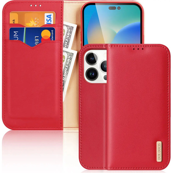 Dux Ducis Hivo Leather Flip Cover Genuine Leather Wallet for Cards and Documents iPhone 14 Pro Red - (Dux Ducis Hivo Apple iPhone 14 Pro Red)