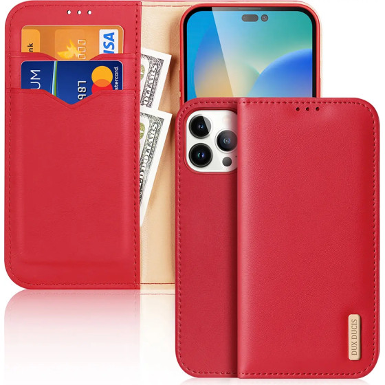 Dux Ducis Hivo Leather Flip Cover Genuine Leather Wallet for Cards and Documents iPhone 14 Pro Max Red - (Dux Ducis Hivo Apple iPhone 14 Pro Max Red)