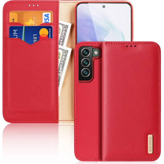 Dux Ducis Hivo Leather Flip Cover Genuine Leather Wallet For Cards And Documents Samsung Galaxy S22 + (S22 Plus) Red - (Dux Ducis Hivo Samsung S22 Plus Red)