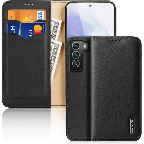 Dux Ducis Hivo Leather Flip Cover Genuine Leather Wallet For Cards And Documents Samsung Galaxy S22 + (S22 Plus) Black - (Dux Ducis Hivo Samsung S22 Plus Black)