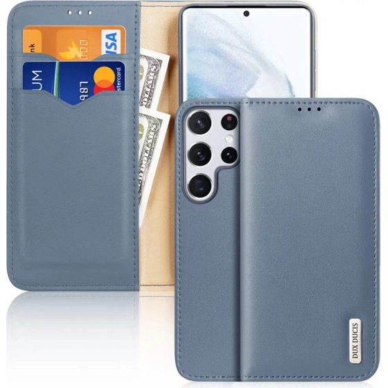 Dux Ducis Hivo Leather Flip Cover Genuine Leather Wallet For Cards And Documents Samsung Galaxy S22 Ultra Blue - (Dux Ducis Hivo Samsung S22 Ultra Blue)