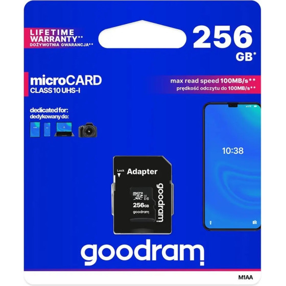 Goodram Microcard 256 GB micro SD XC UHS-I class 10 memory card, SD adapter - (M1AA-2560R12)