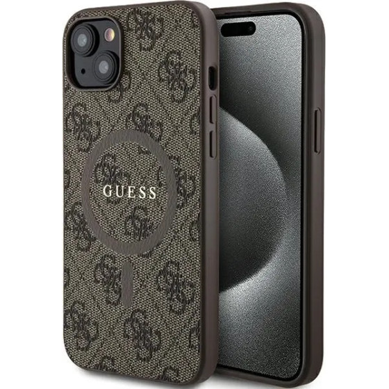 Guess 4G Collection Leather Metal Logo MagSafe Case for iPhone 15 Plus / 14 Plus - Brown - (GUE003475-0)